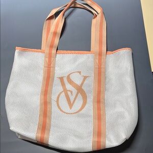 Victoria's Secret White and Orange Tote Bag with Plastic Liner